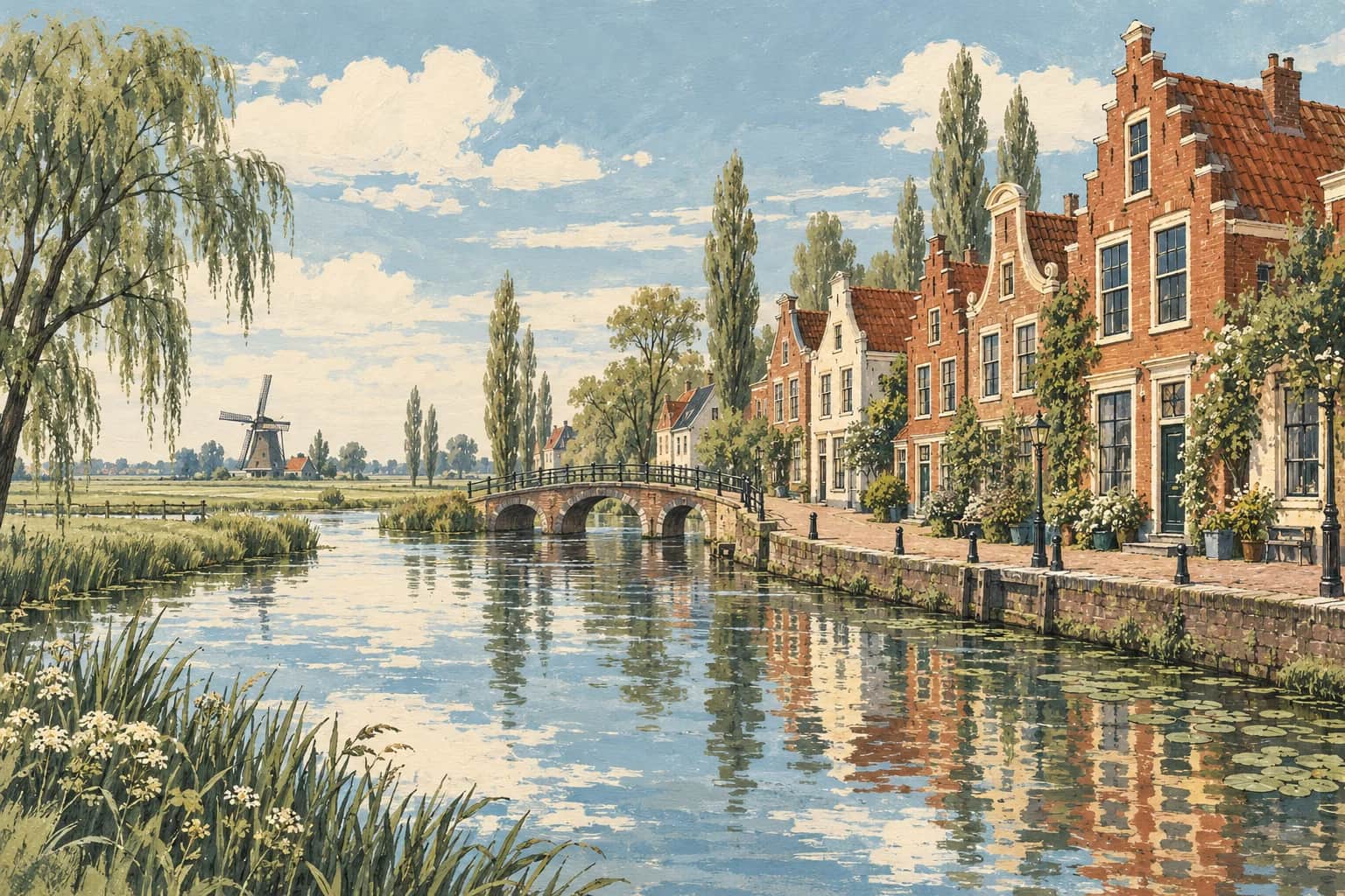 Original gouache illustration of Dutch canal houses, an arched bridge and a windmill beyond the polders.