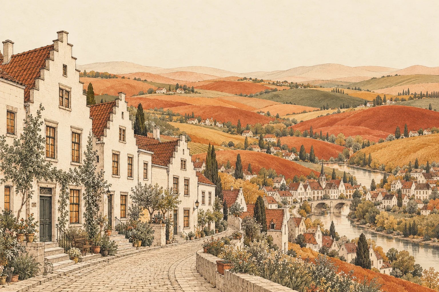An imagined Dutch neighbourhood in cream, cocoa and amber.