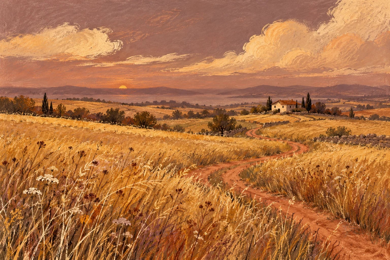 A painterly golden meadow in the soft light of evening.